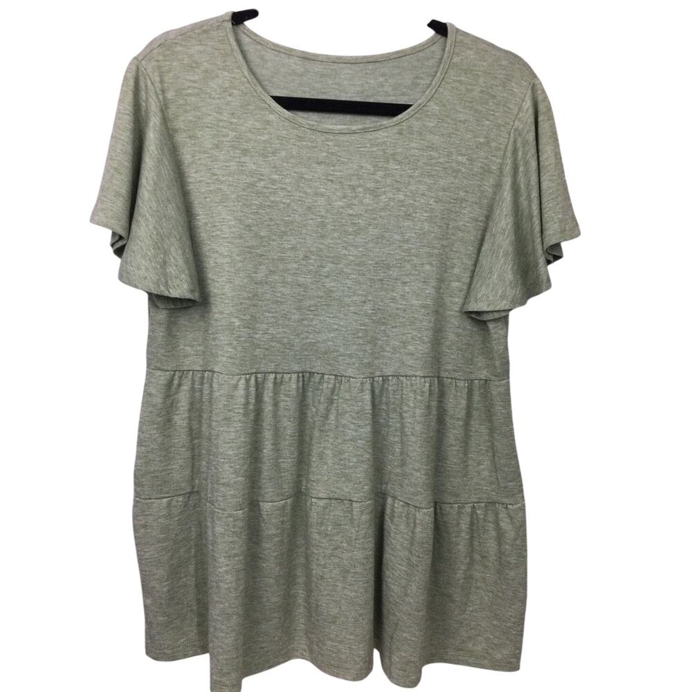 Hibluco Round Neck Flared Short Sleeve Soft Tiered Babydoll Green Tunic Top Sz L